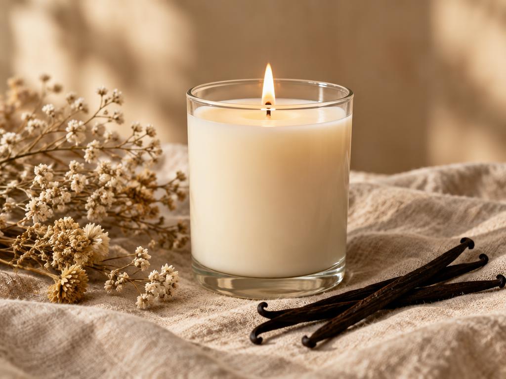 A handmade candle glowing in warm light